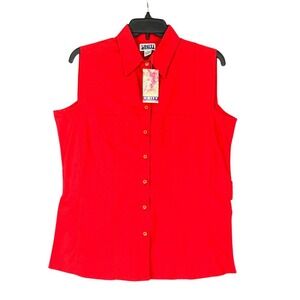 Uniti‎ Casuals Sleeveless Button Down Shirt Red Cotton Tie Back Pockets M Womens